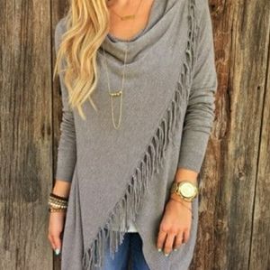 Lovestitch asymmetrical taupe sweater with fringe